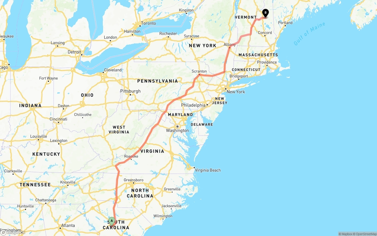 Shipping route from South Carolina to New Hampshire