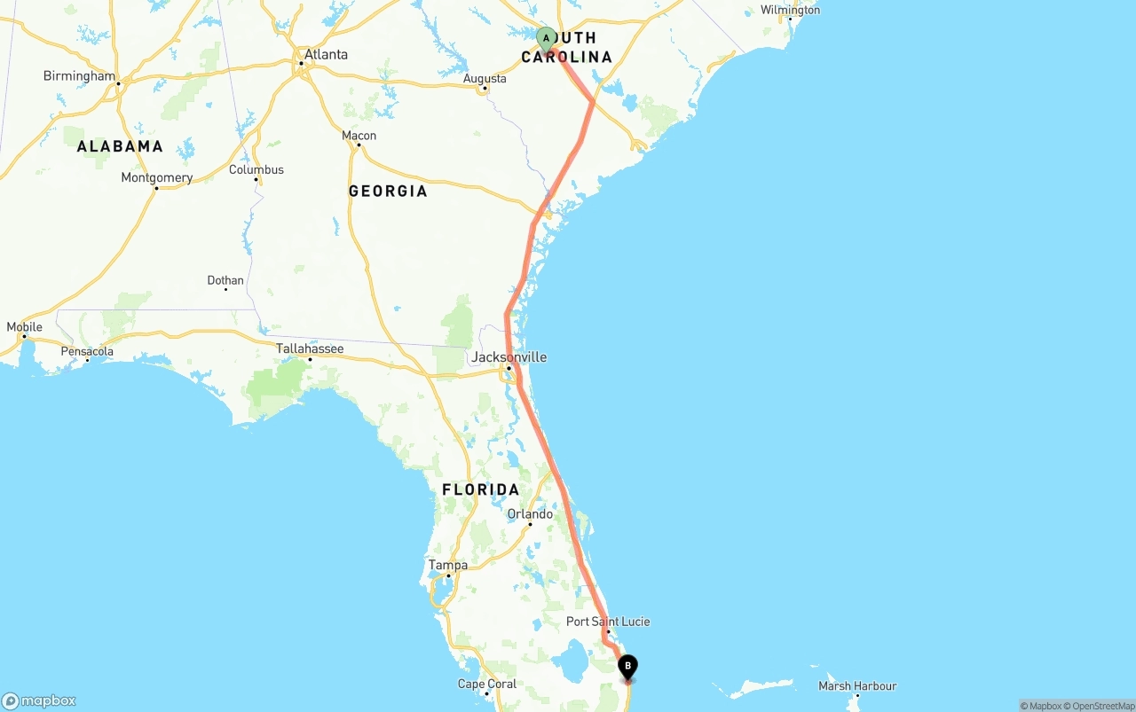 Shipping route from South Carolina to Palm Beach International Airport