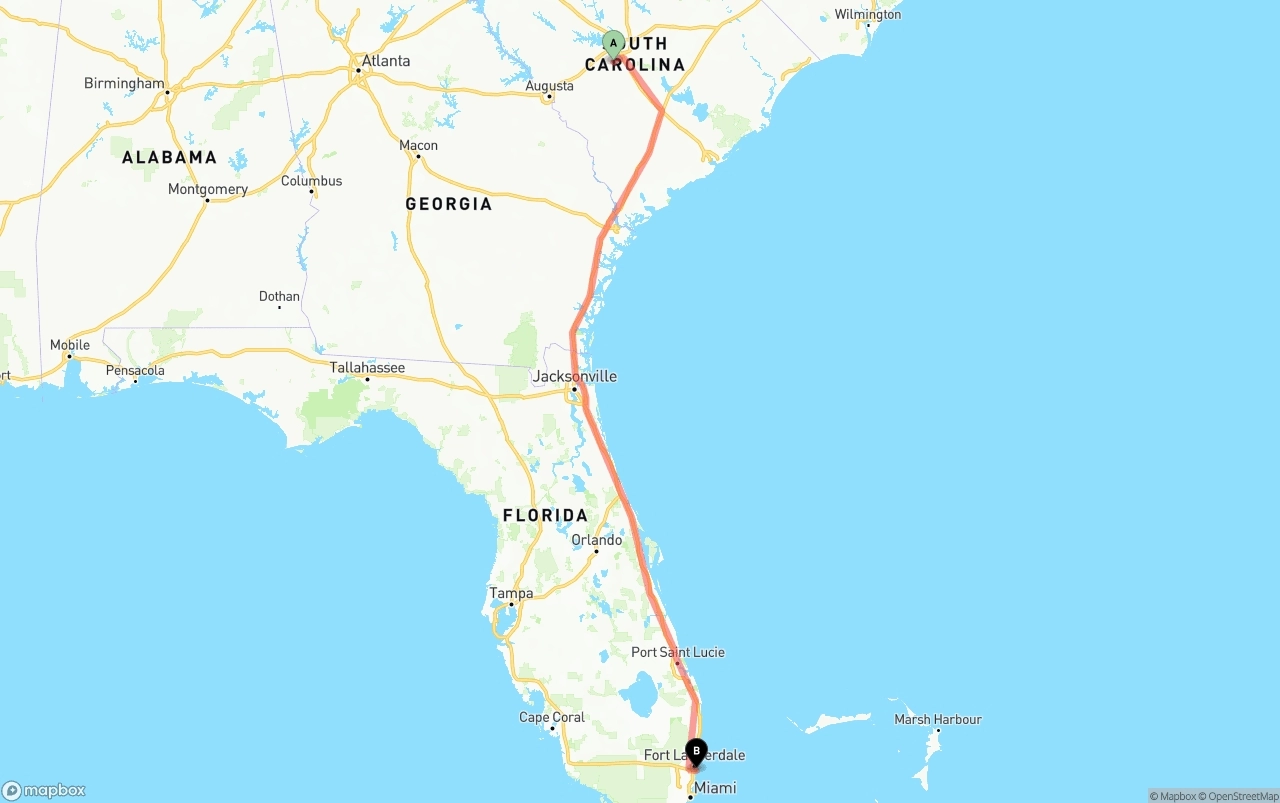 Shipping route from South Carolina to Port of Port Everglades