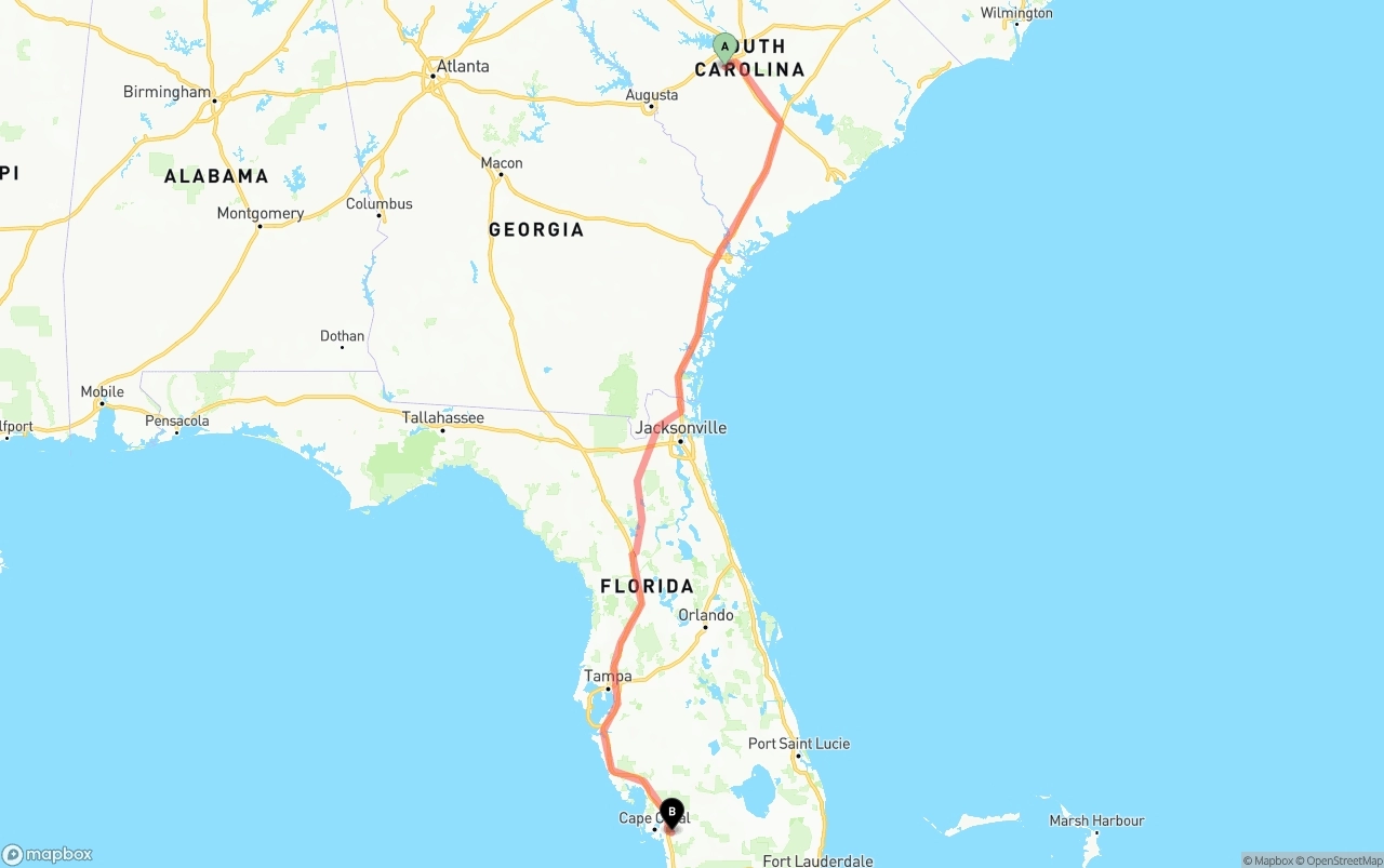Shipping route from South Carolina to Southwest Florida International Airport