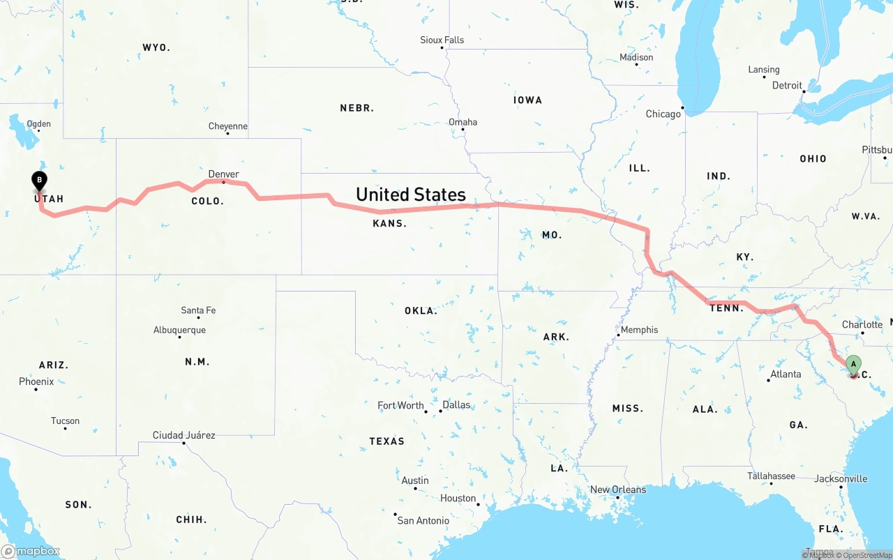 Shipping route from South Carolina to Utah