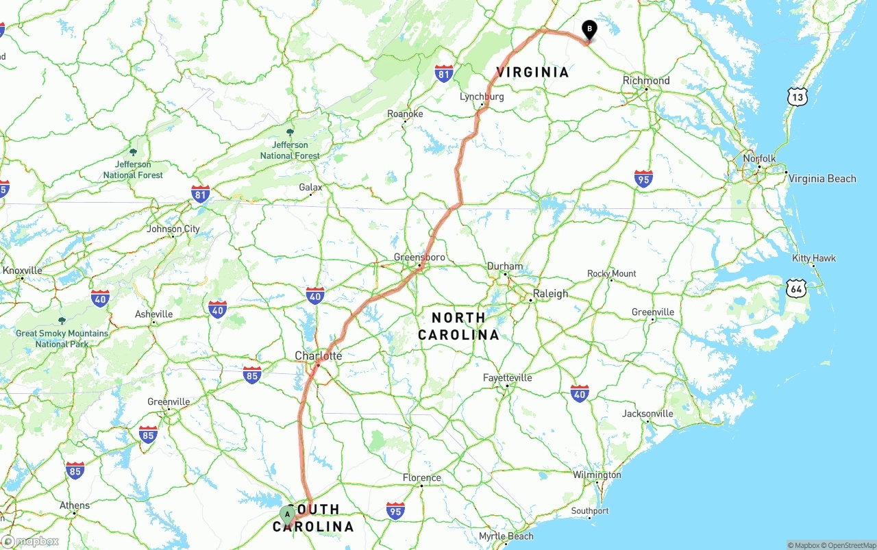 Shipping route from South Carolina to Virginia