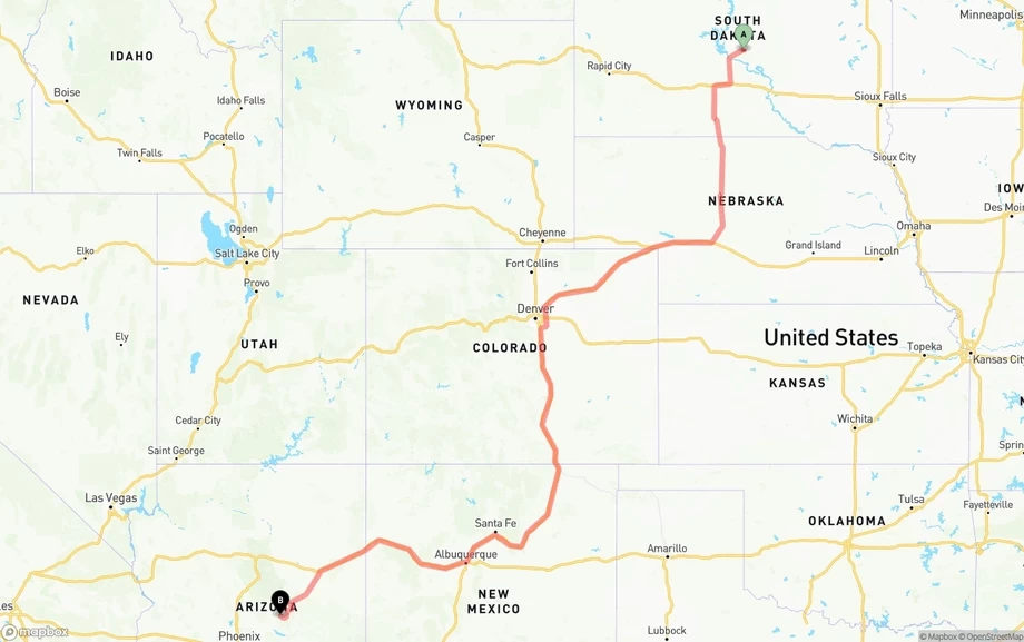 South Dakota to Arizona freight shipping route map