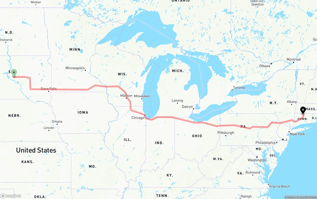 Shipping route from South Dakota to Bradley International Airport