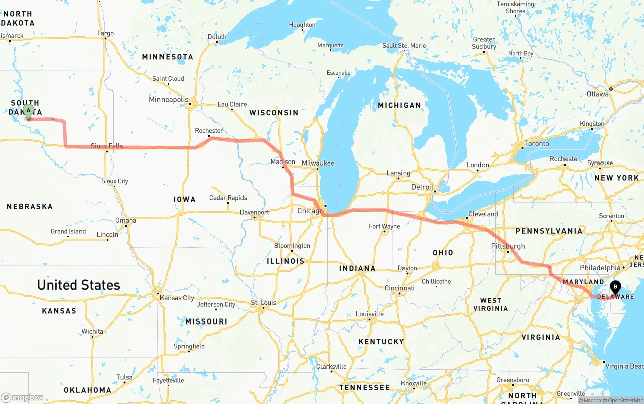 Shipping route from South Dakota to Delaware