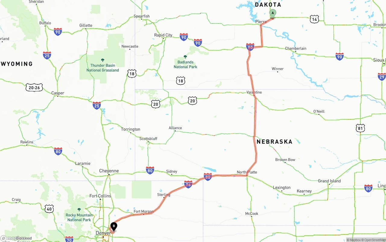Shipping route from South Dakota to Denver International Airport