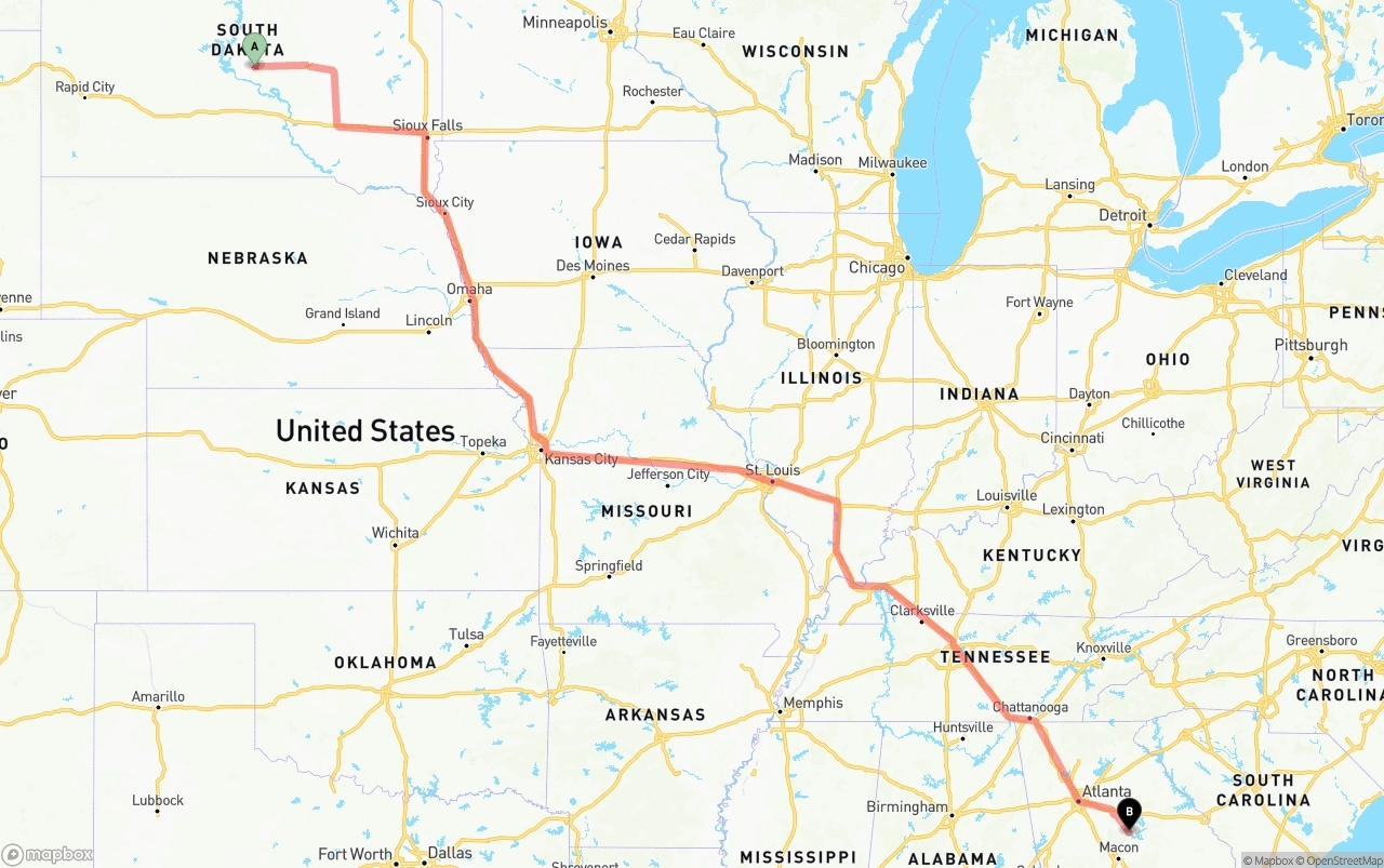 Shipping route from South Dakota to Georgia