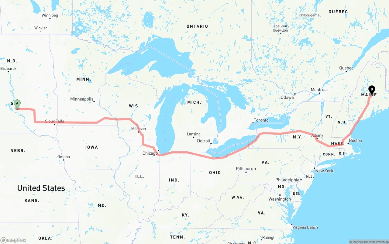 Shipping route from South Dakota to Maine