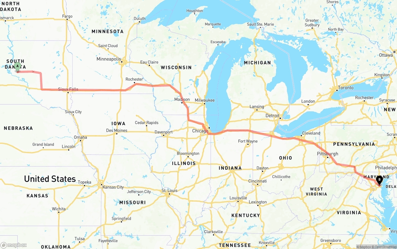 Shipping route from South Dakota to Maryland