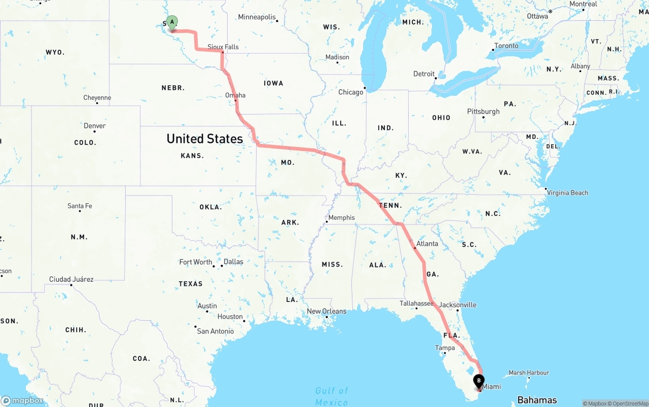 Shipping route from South Dakota to Miami International Airport