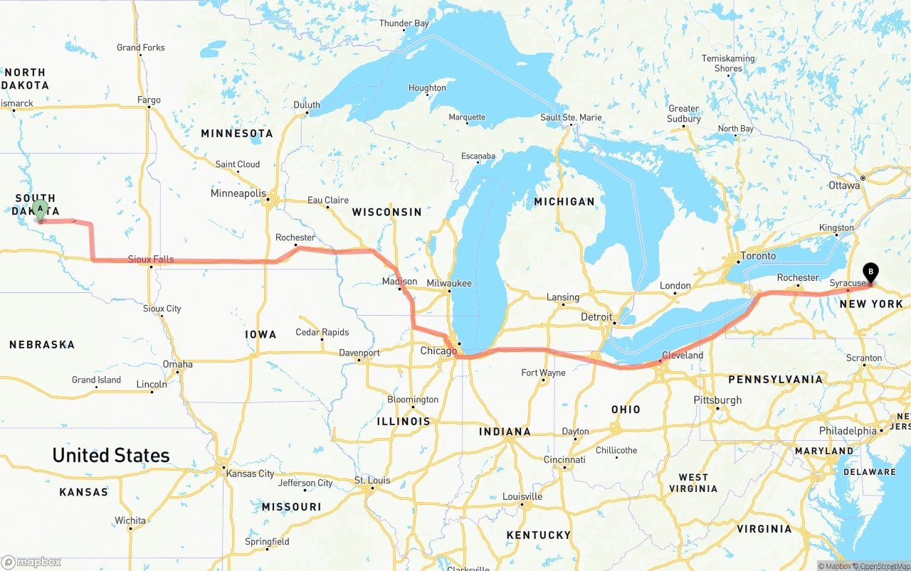 Shipping route from South Dakota to New York