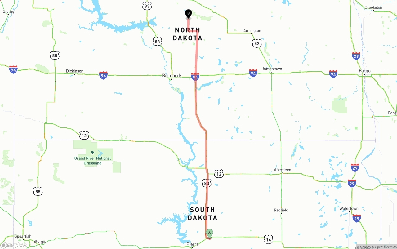Shipping route from South Dakota to North Dakota