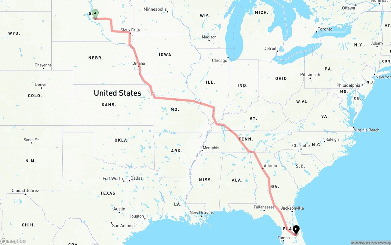 Shipping route from South Dakota to Orlando International Airport