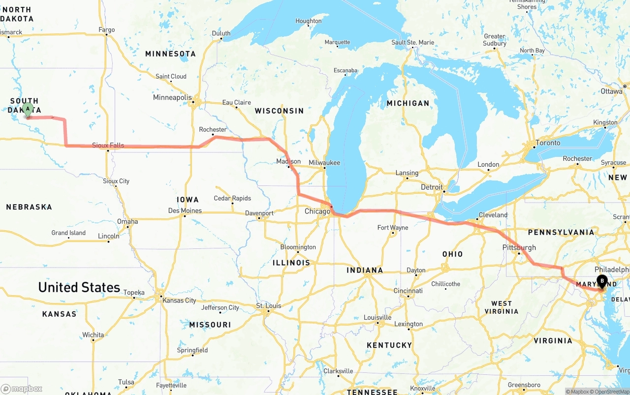 Shipping route from South Dakota to Port of Baltimore