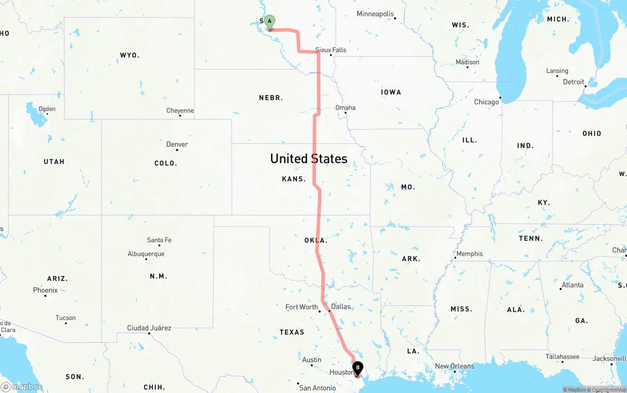 Shipping route from South Dakota to Port of Houston