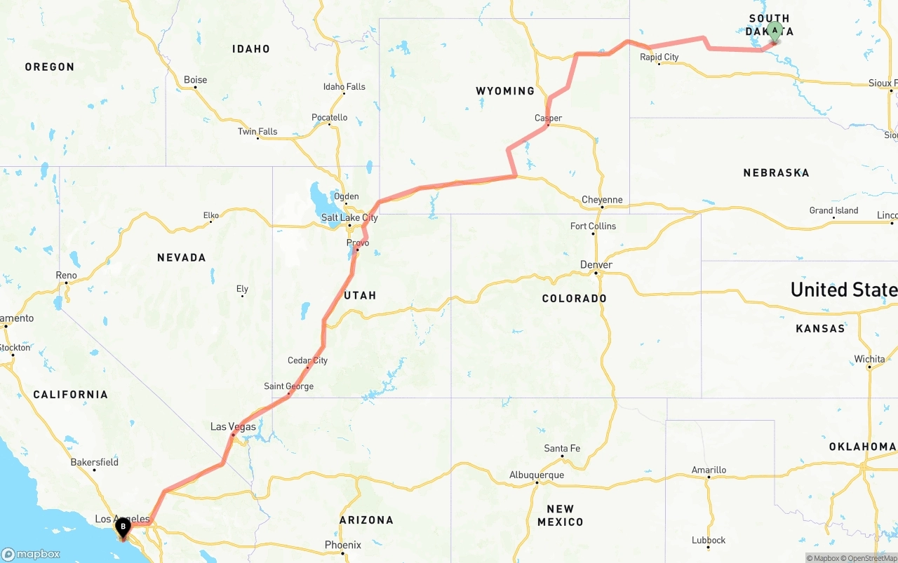 Shipping route from South Dakota to Port of Long Beach