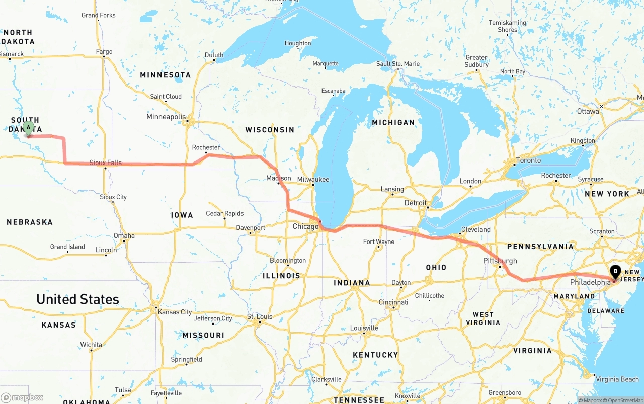Shipping route from South Dakota to Port of Philadelphia