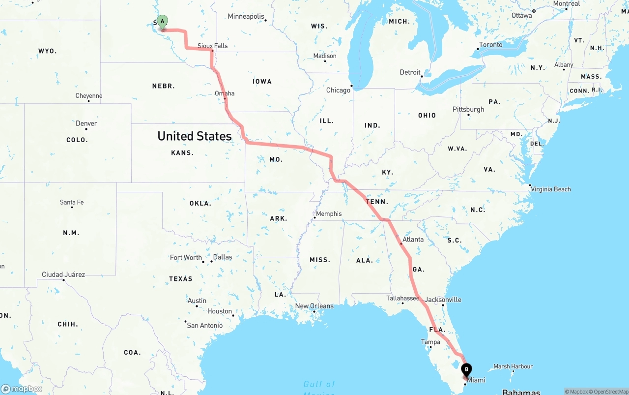 Shipping route from South Dakota to Port of Port Everglades
