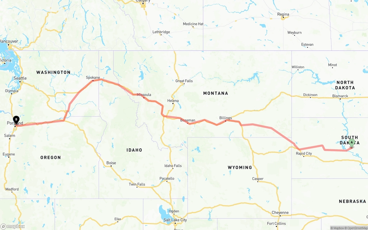 Shipping route from South Dakota to Port of Portland