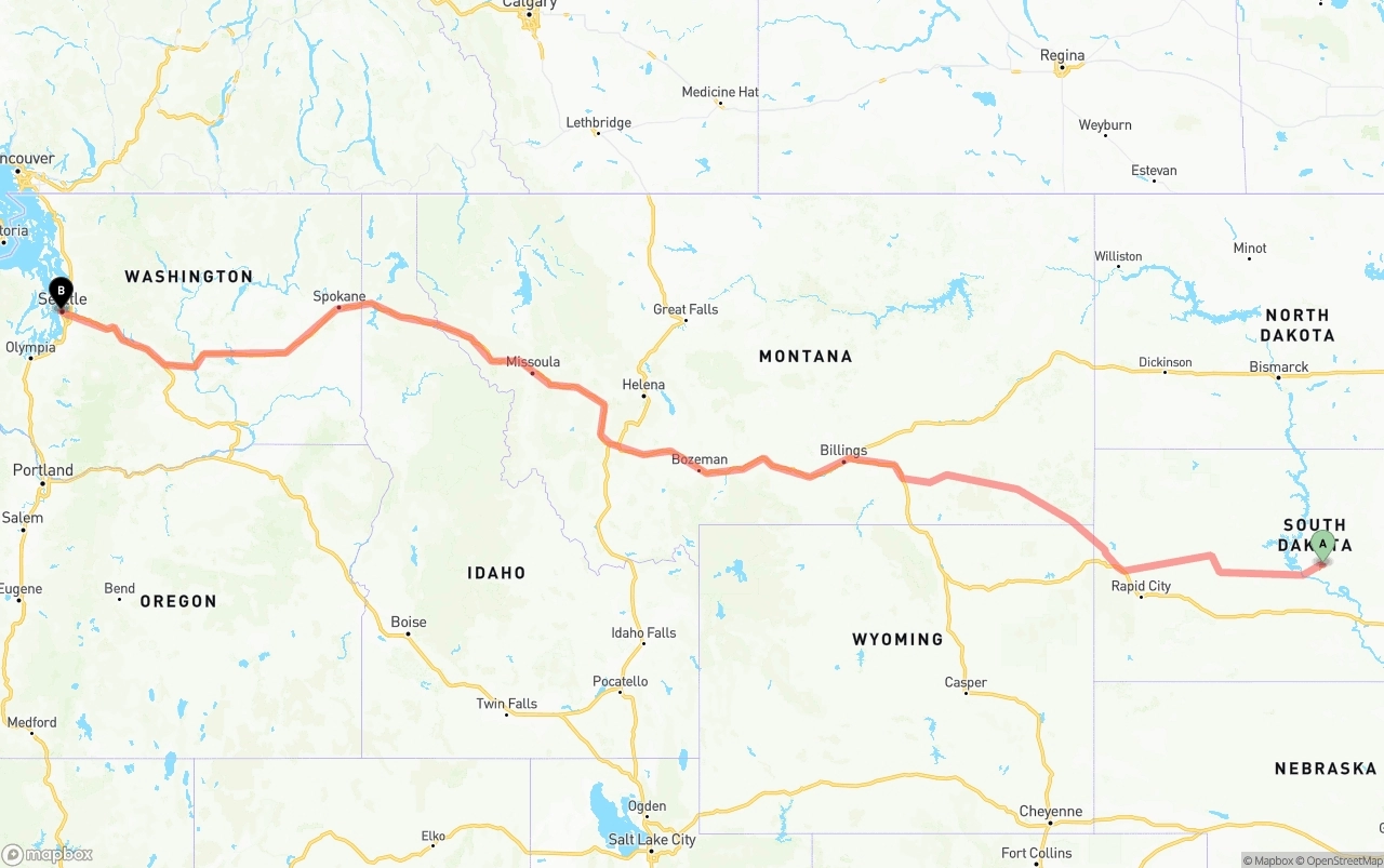 Shipping route from South Dakota to Port of Seattle