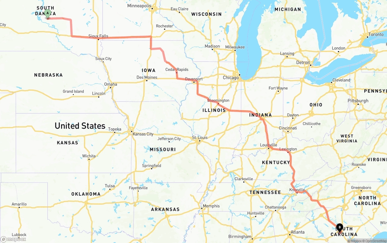 Shipping route from South Dakota to South Carolina