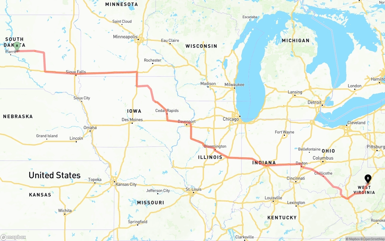 Shipping route from South Dakota to West Virginia