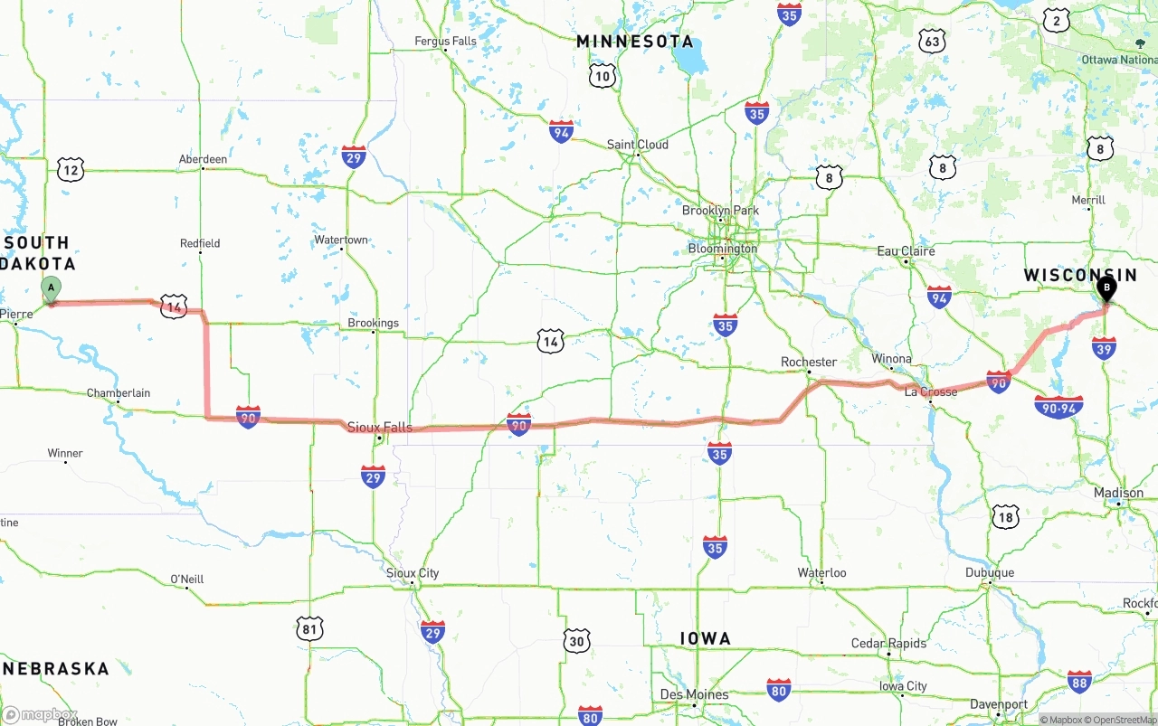 Shipping route from South Dakota to Wisconsin