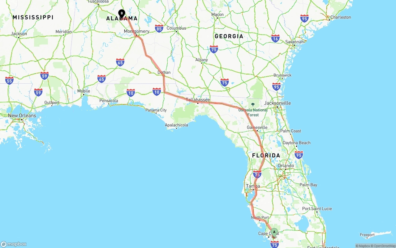 Shipping route from Southwest Florida International Airport to Alabama