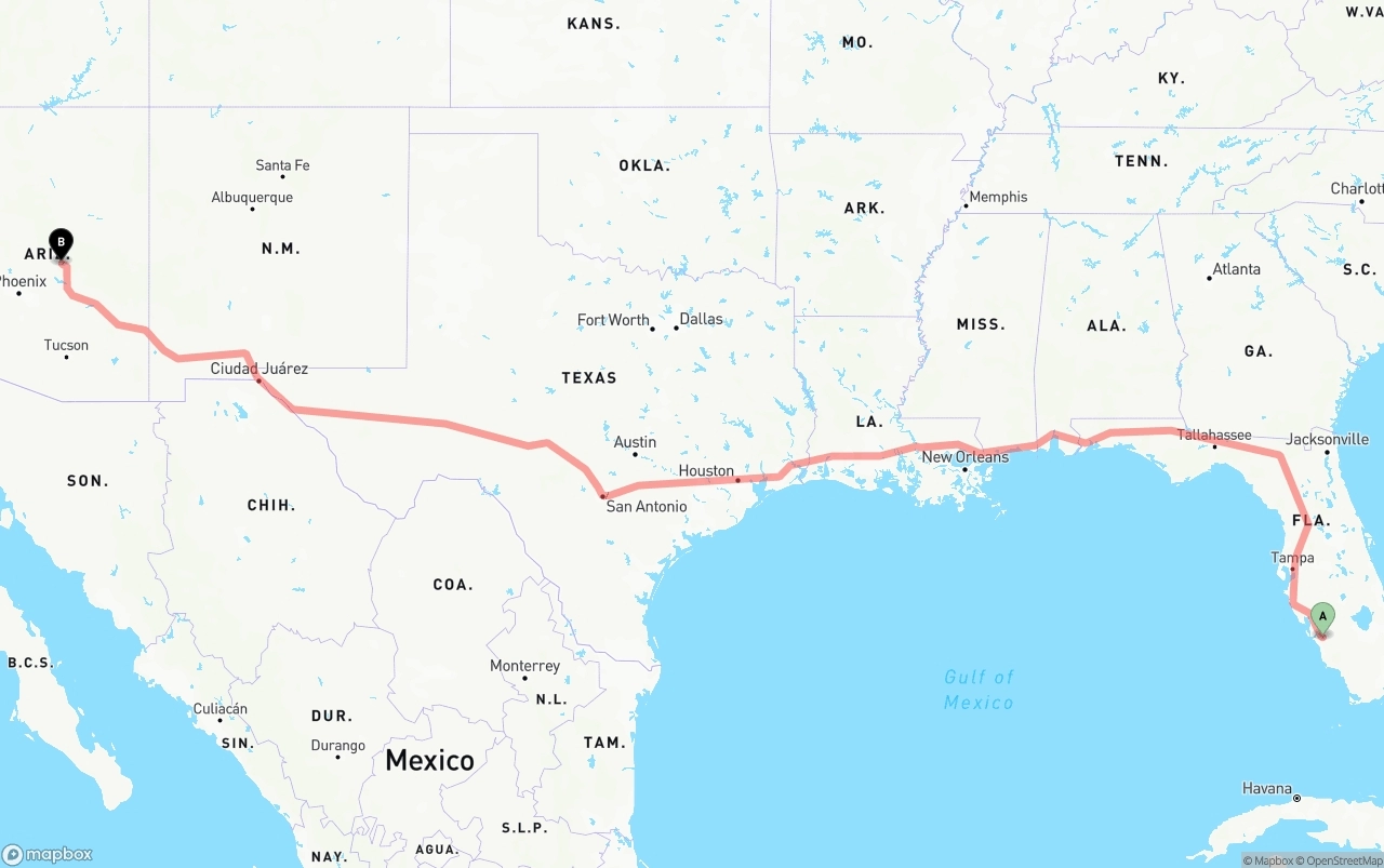 Shipping route from Southwest Florida International Airport to Arizona