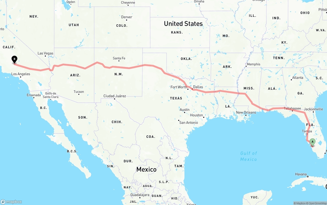 Shipping route from Southwest Florida International Airport to Bakersfield