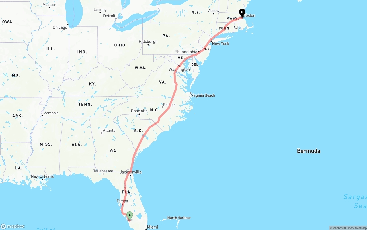 Shipping route from Southwest Florida International Airport to Boston