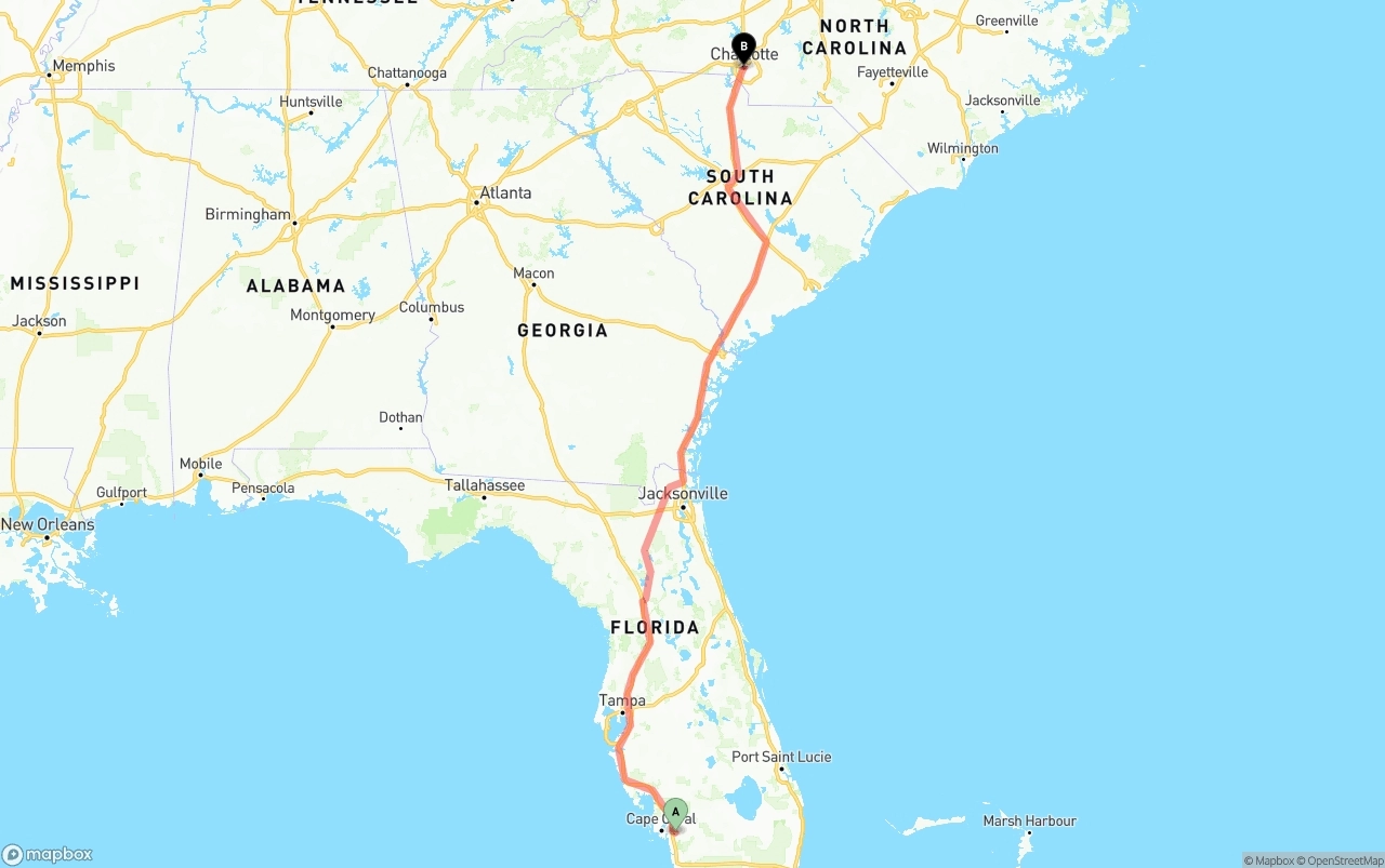 Shipping route from Southwest Florida International Airport to Charlotte