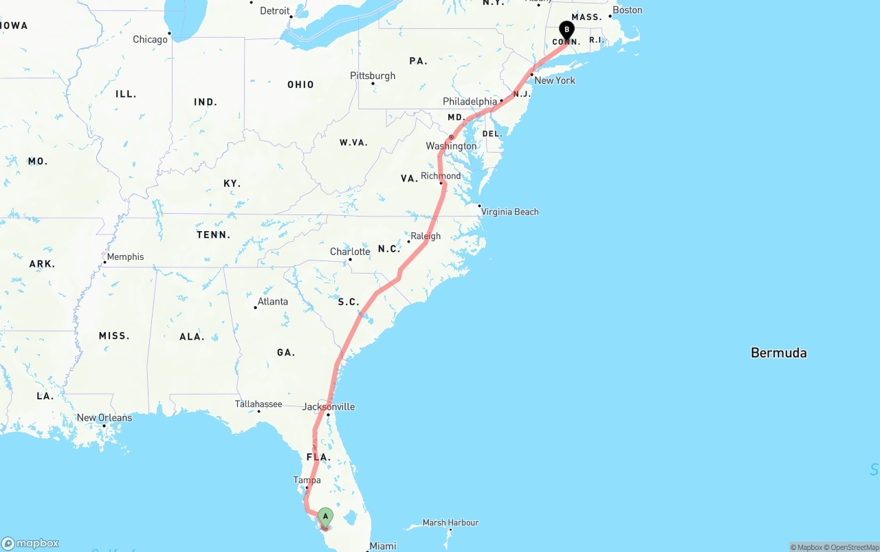 Shipping route from Southwest Florida International Airport to Connecticut