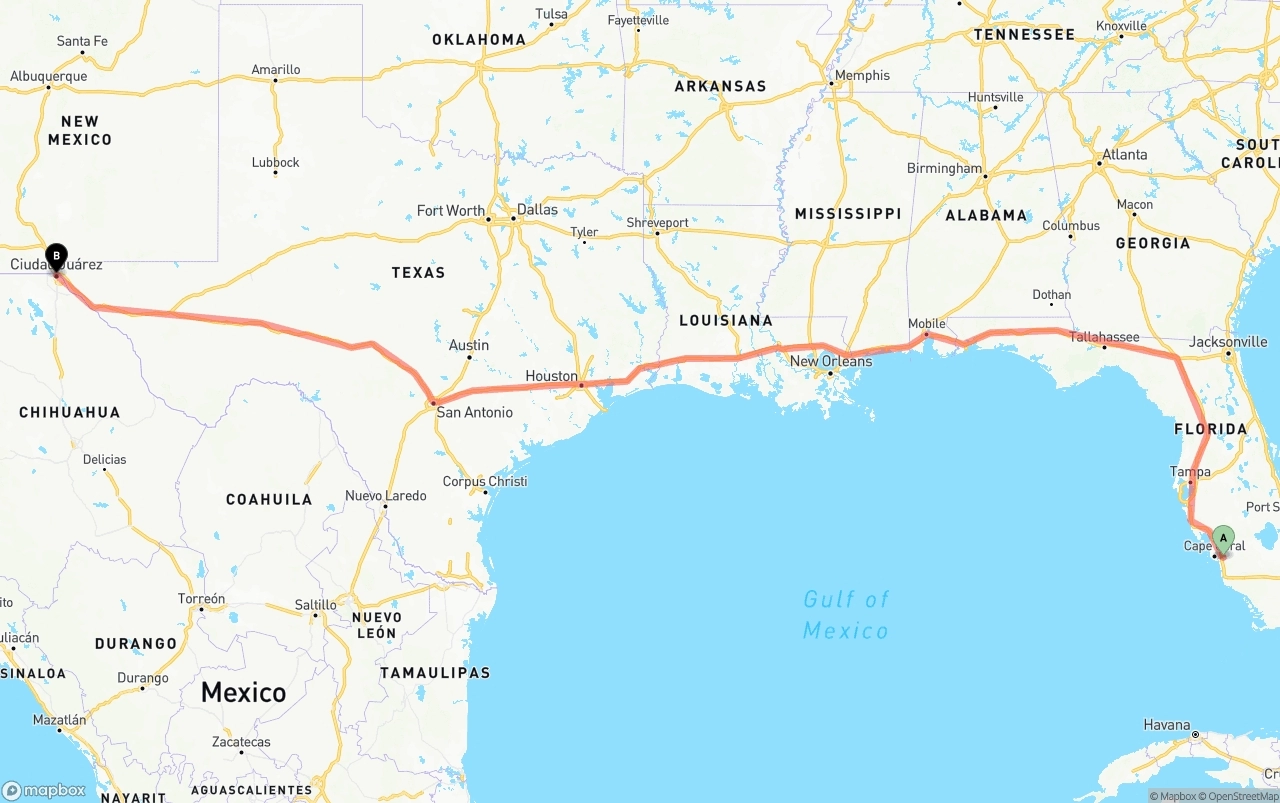 Shipping route from Southwest Florida International Airport to El Paso