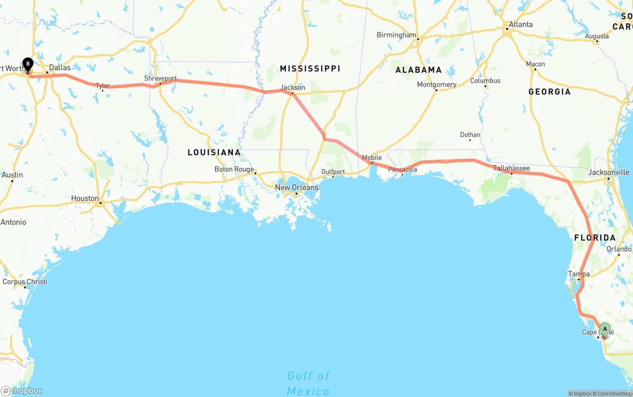 Shipping route from Southwest Florida International Airport to Fort Worth