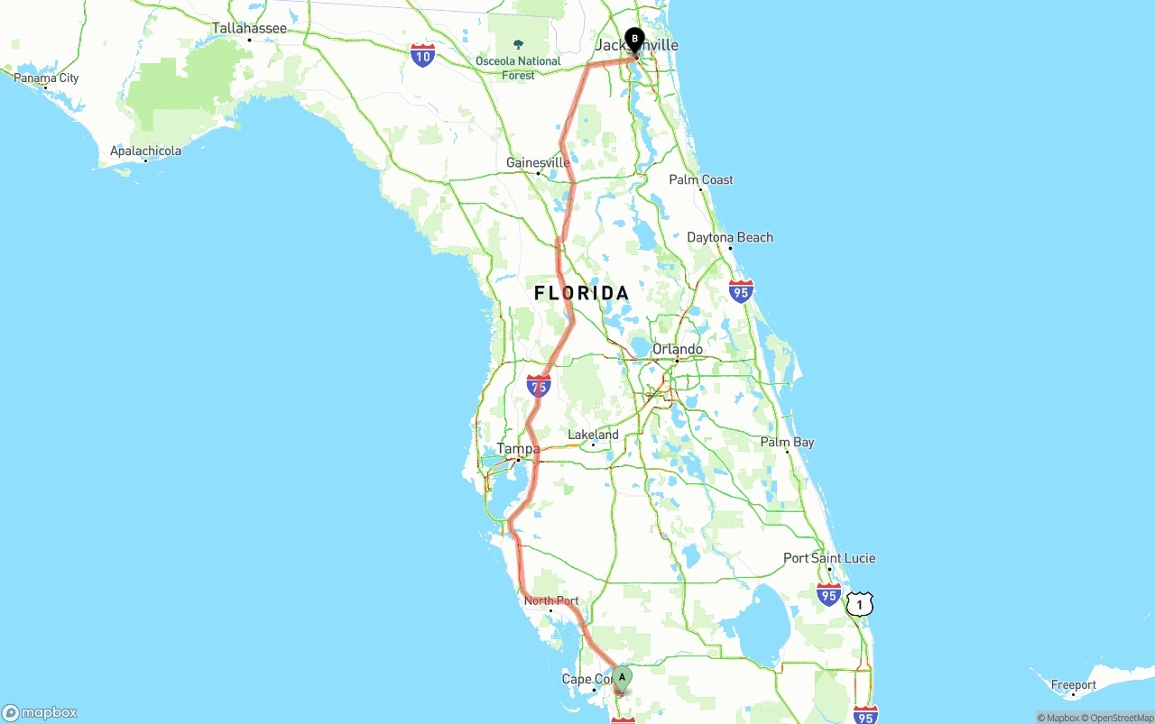 Shipping route from Southwest Florida International Airport to Jacksonville