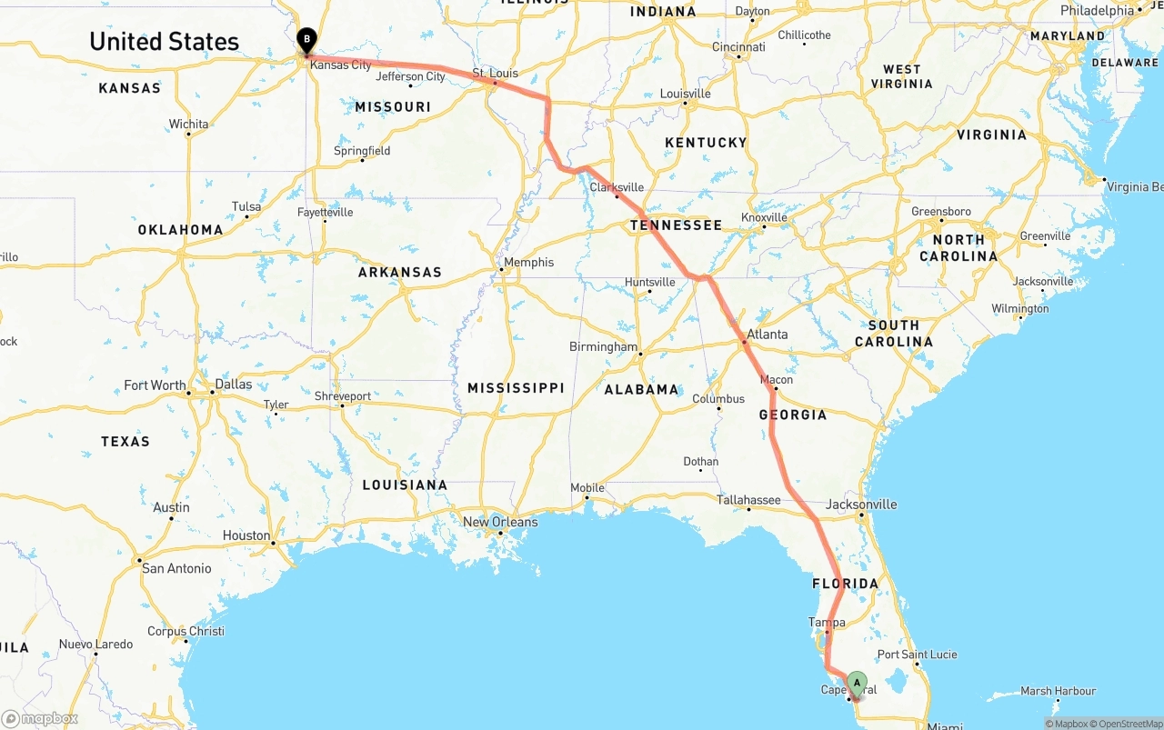 Shipping route from Southwest Florida International Airport to Kansas City