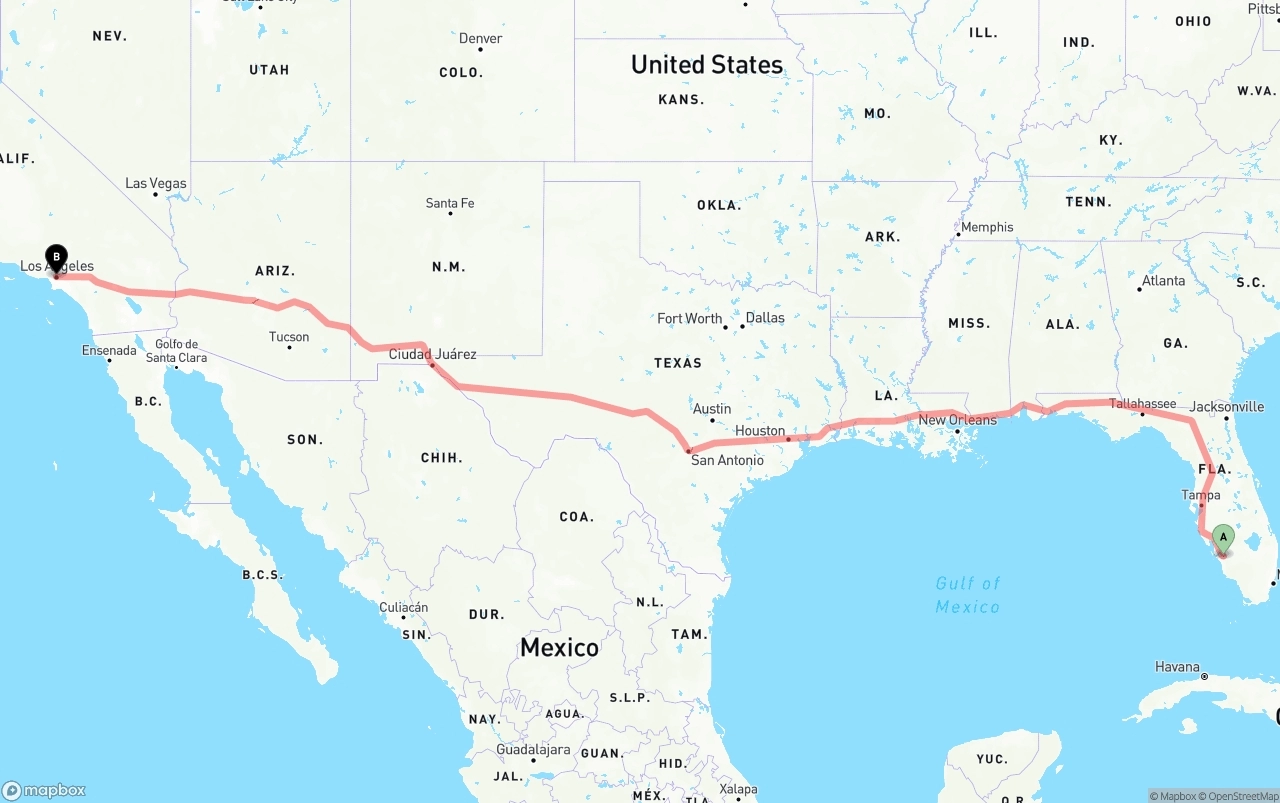 Shipping route from Southwest Florida International Airport to Los Angeles