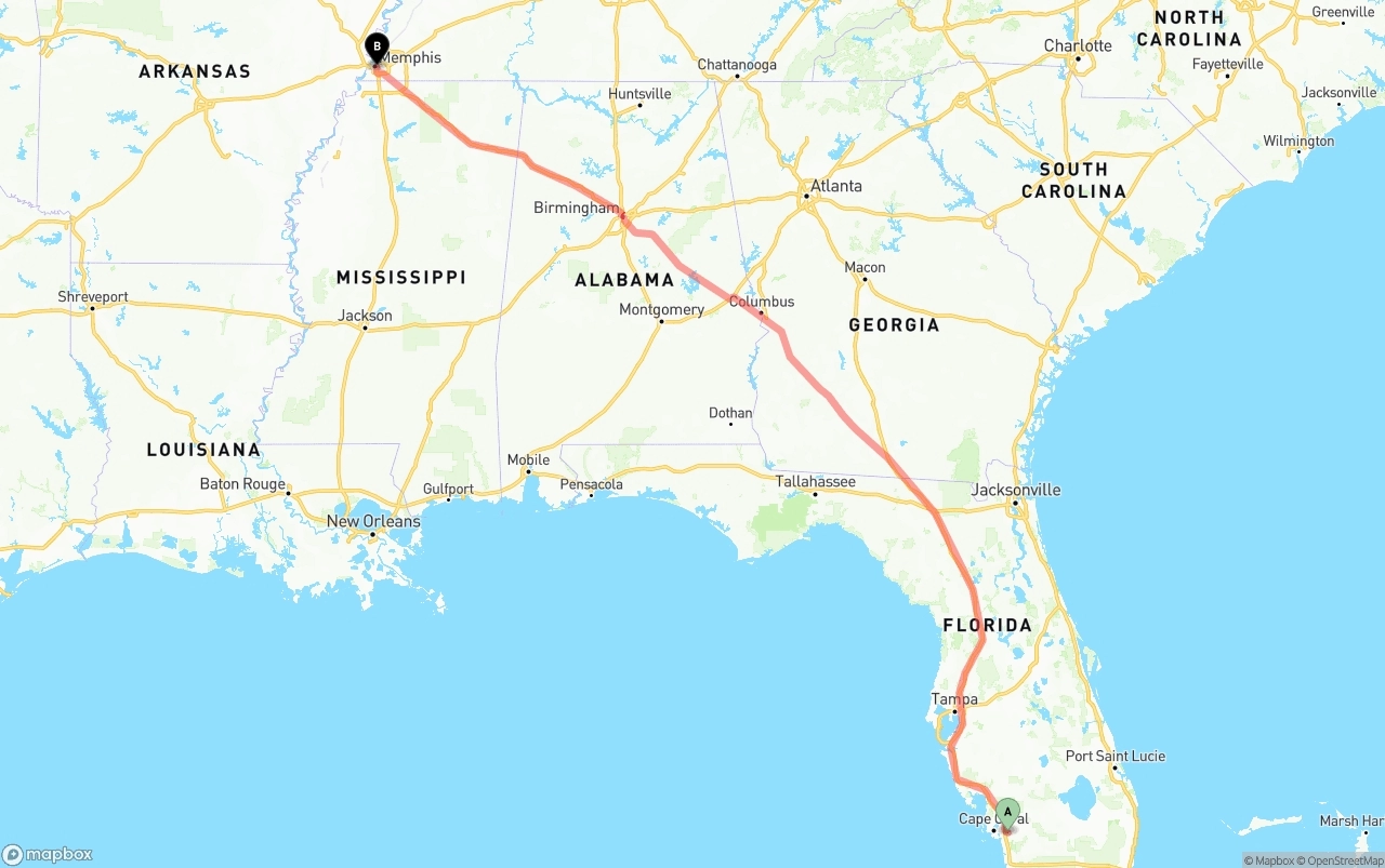 Shipping route from Southwest Florida International Airport to Memphis