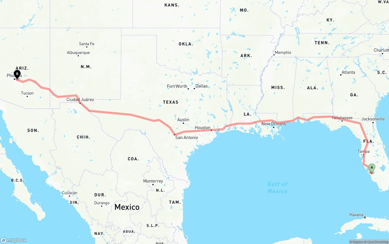 Shipping route from Southwest Florida International Airport to Mesa