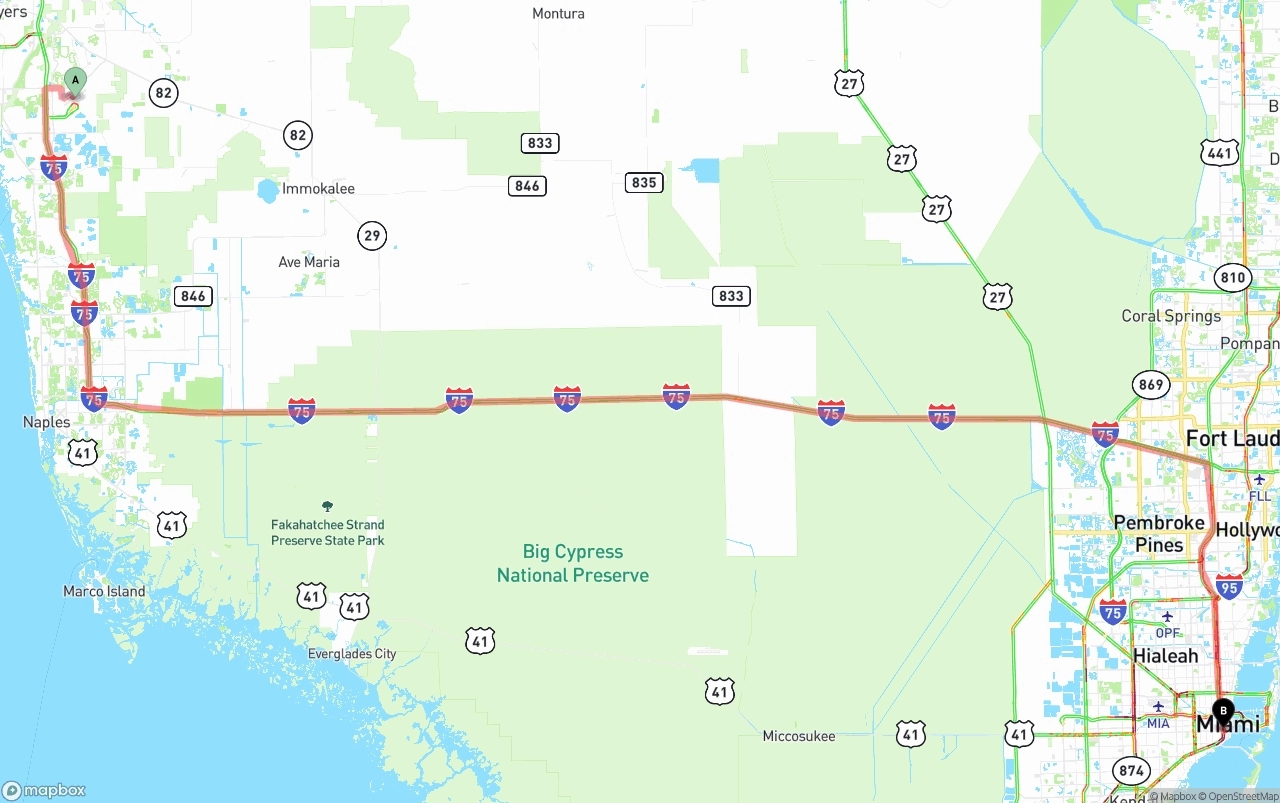 Shipping route from Southwest Florida International Airport to Miami