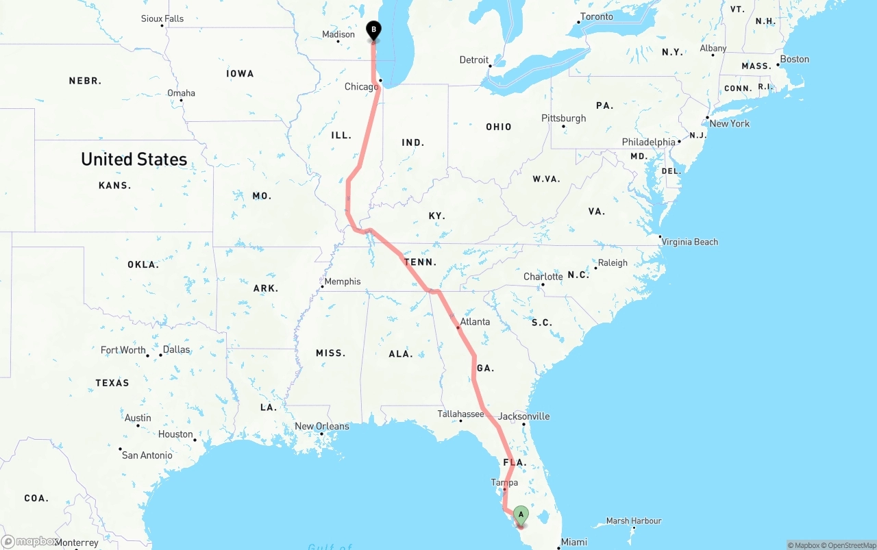 Shipping route from Southwest Florida International Airport to Milwaukee