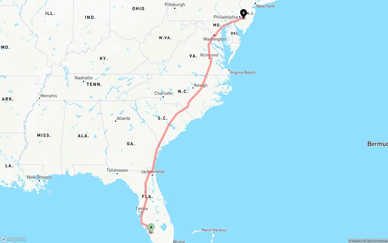 Shipping route from Southwest Florida International Airport to New Jersey