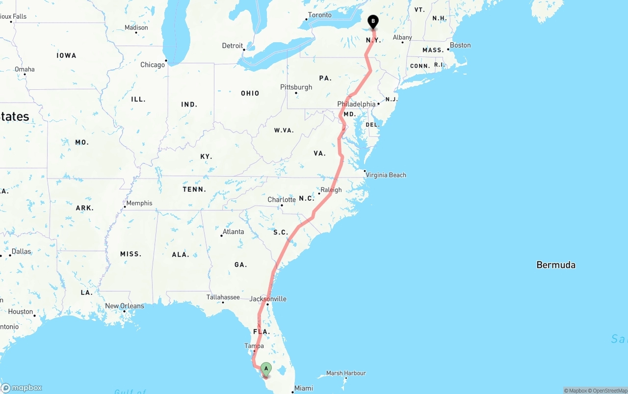 Shipping route from Southwest Florida International Airport to New York
