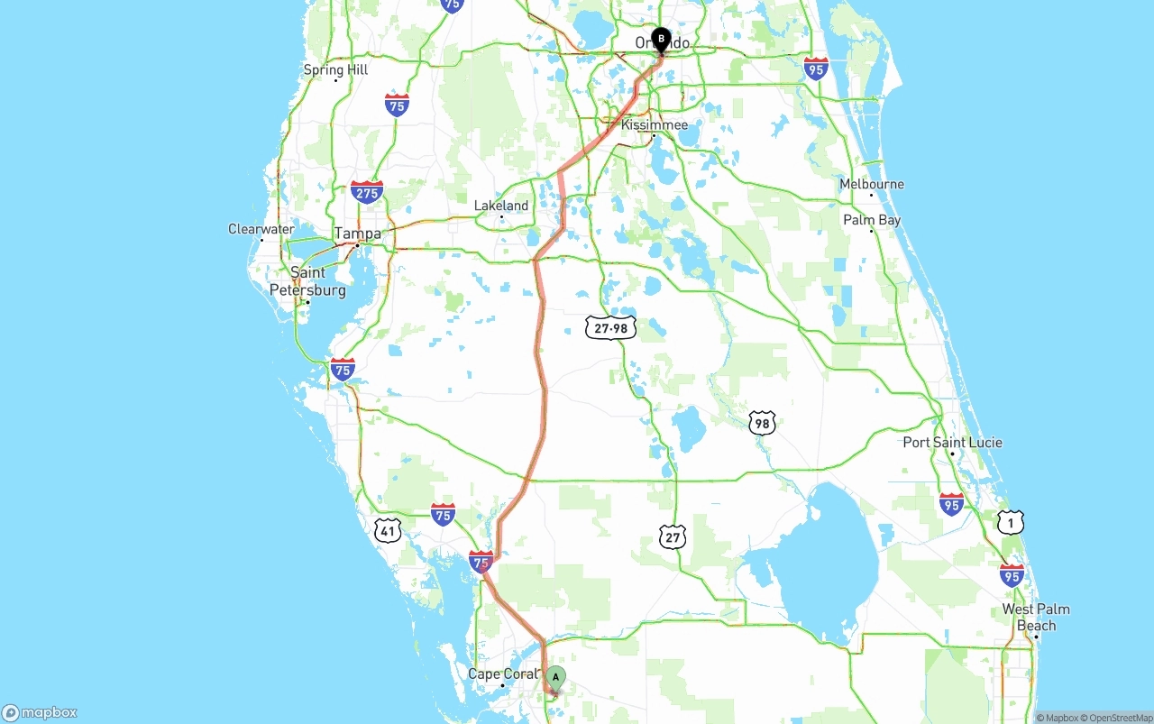 Shipping route from Southwest Florida International Airport to Orlando