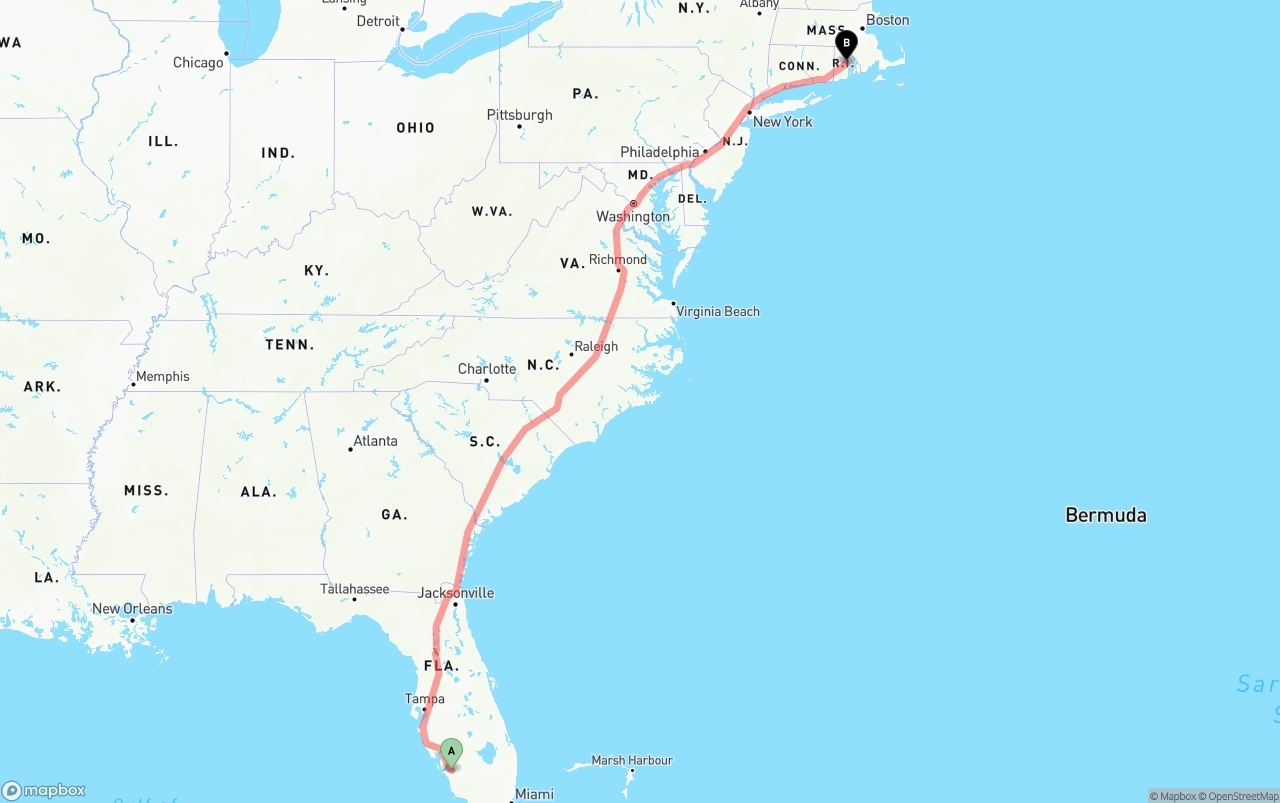 Shipping route from Southwest Florida International Airport to Rhode Island