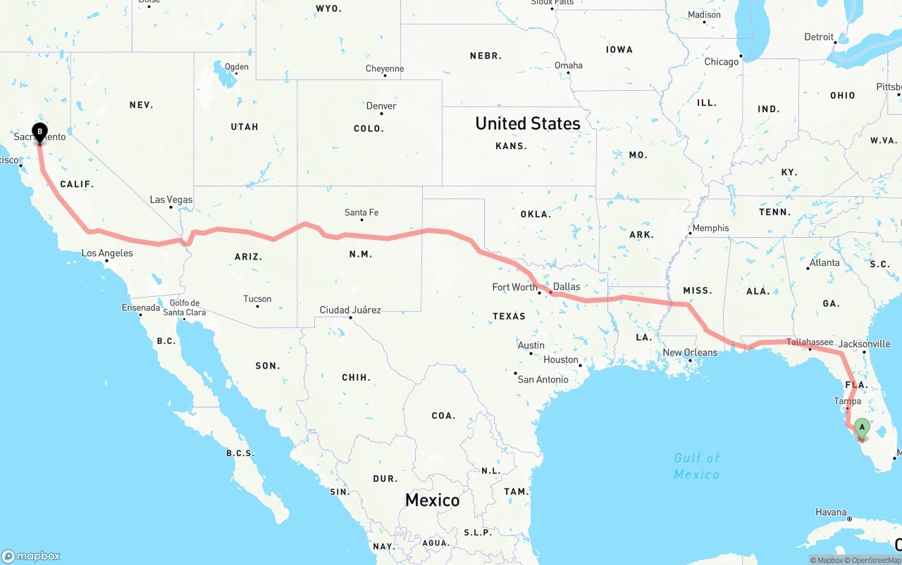 Shipping route from Southwest Florida International Airport to Sacramento