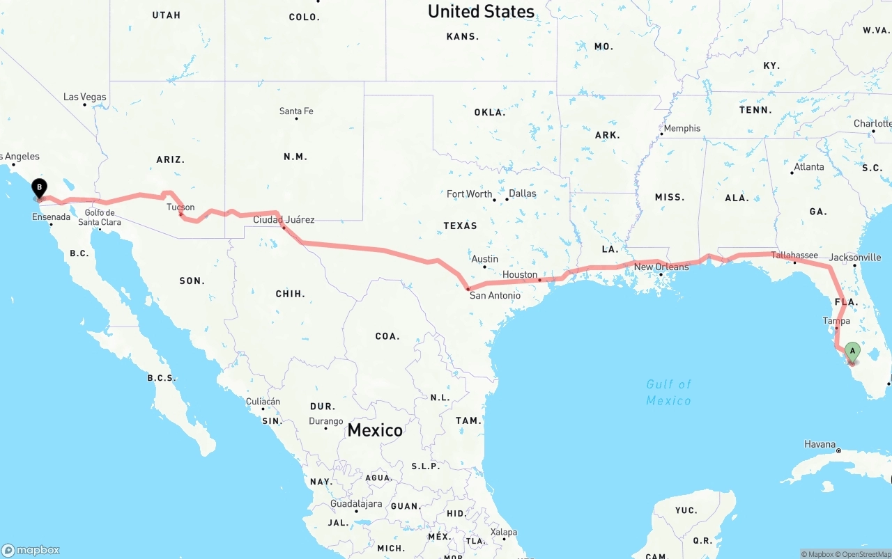 Shipping route from Southwest Florida International Airport to San Diego
