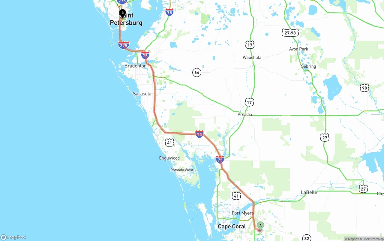Shipping route from Southwest Florida International Airport to St. Petersburg