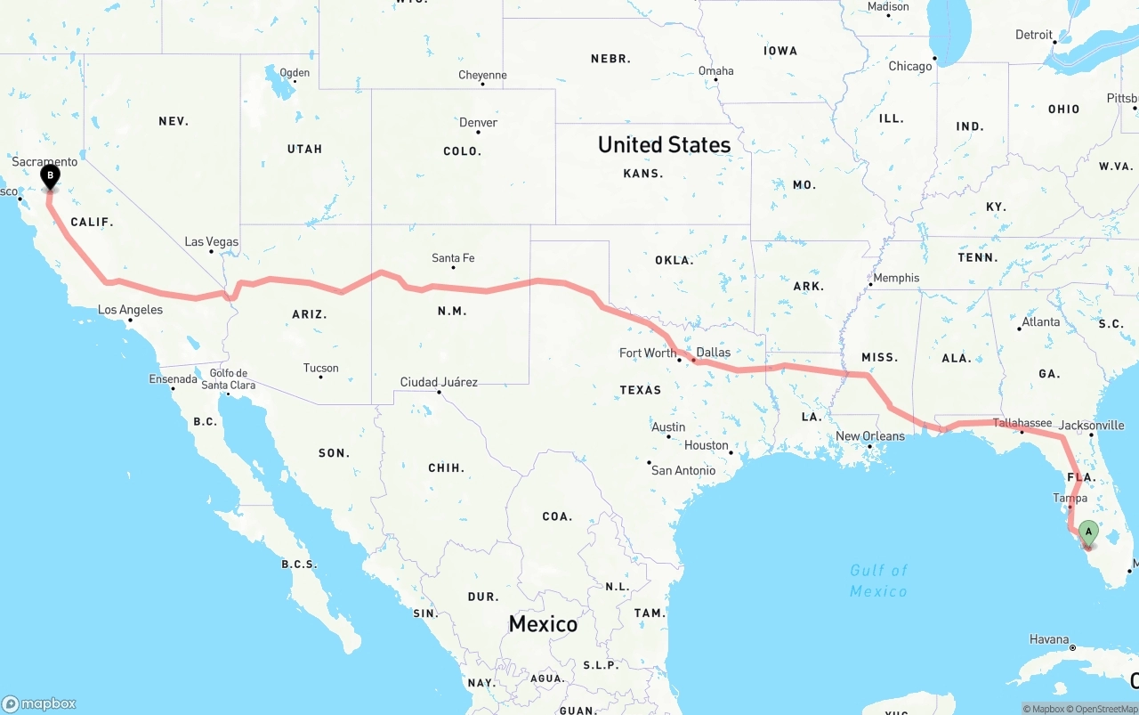 Shipping route from Southwest Florida International Airport to Stockton